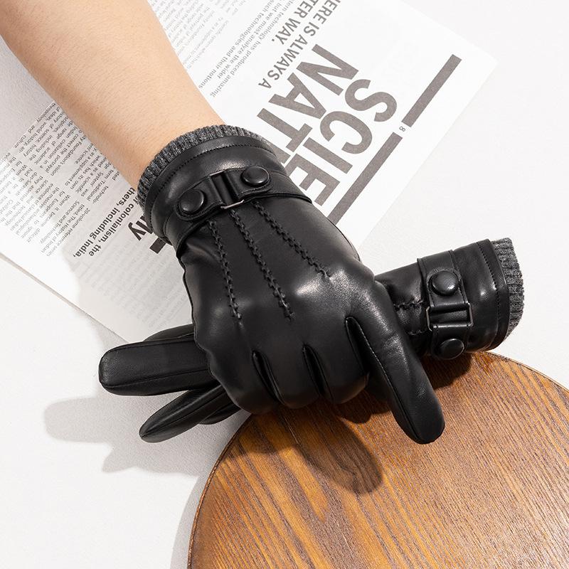 Men's Genuine Leather Gloves  Three Rib Gloves Thickened Sheepskin with Fleece Windproof and Warm Gloves for Driving and Cycling