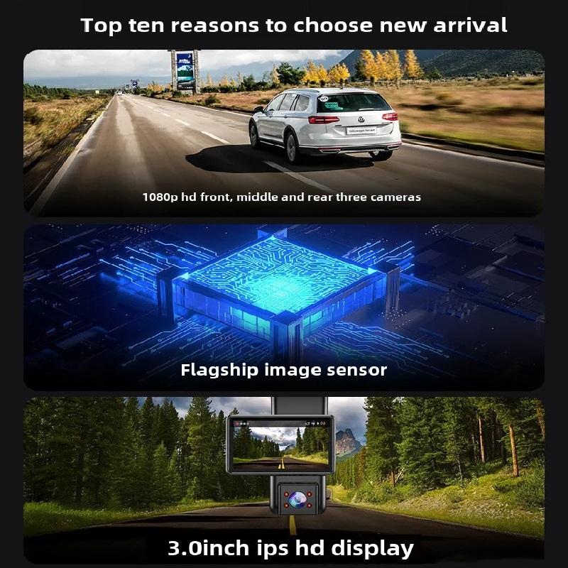Dash Cam with Triple Recording, HD 1080P, WiFi, Infrared Night Vision, and Ultra-wide-angle Triple Lens