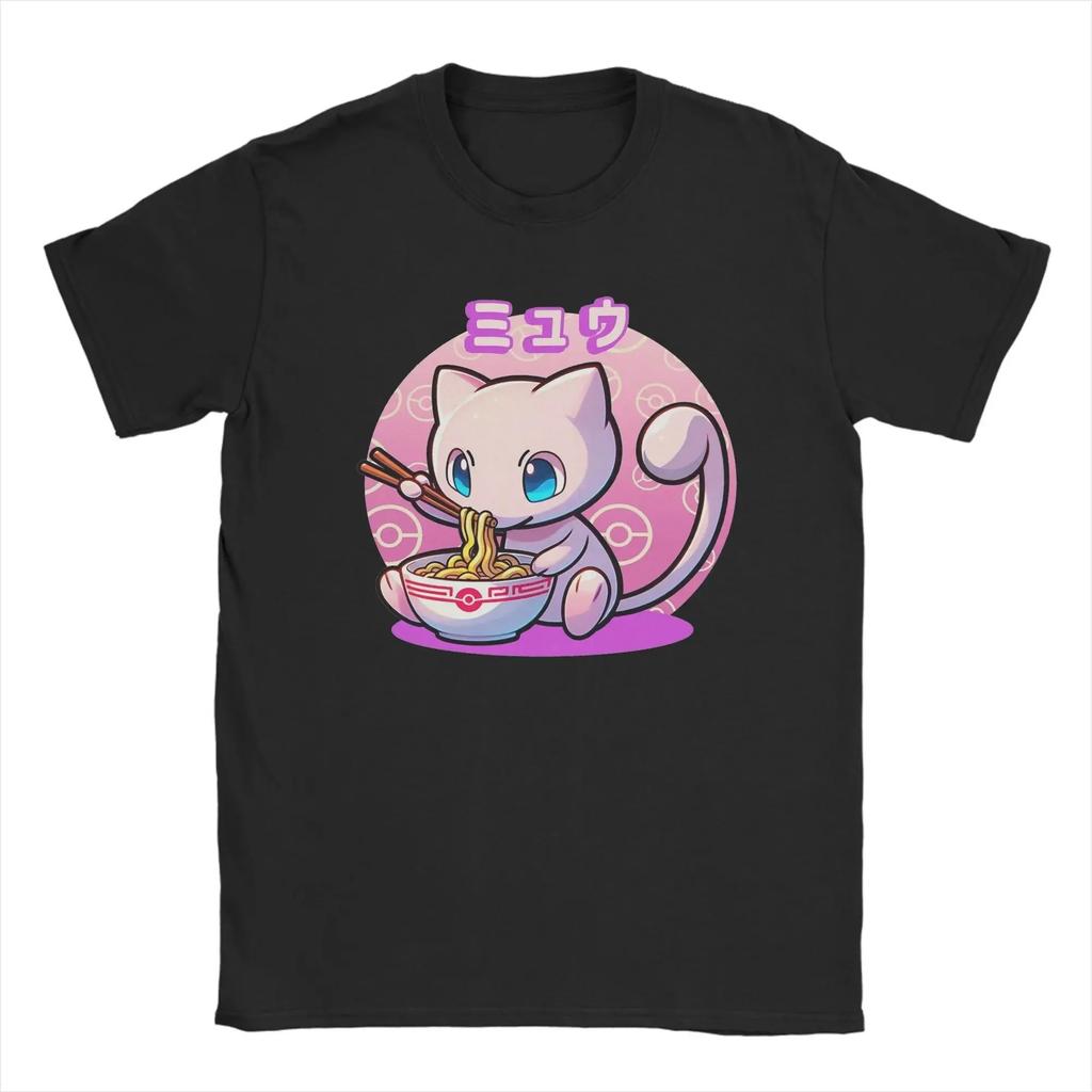 Pokémon Mew Cute Ramen Time Chibi Graphic T-Shirt Black Unisex Casual Anime Streetwear Women And Men T-shirts