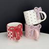 1Pieces Bow Handle Heart Ceramic Mug Creative Bow Handle Design Checkerboard Pattern Mug Coffee Cup Outdoor Tableware
