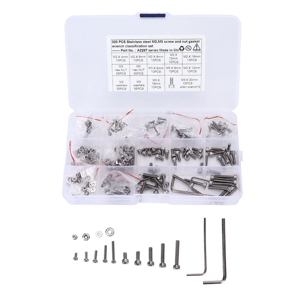 320pcs Screws Nuts Gasket Assortment Set 304 Stainless Steel M2 M3 Hex Bolts Washer Kit for Cars Trucks