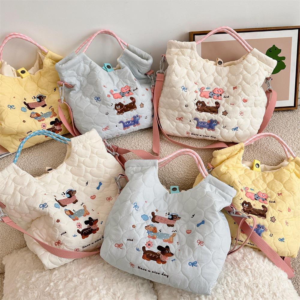 Adorable Embroidered Cartoon Shoulder Bag Large Capacity Commuter Tote Bag In White Blue Yellow And Pink