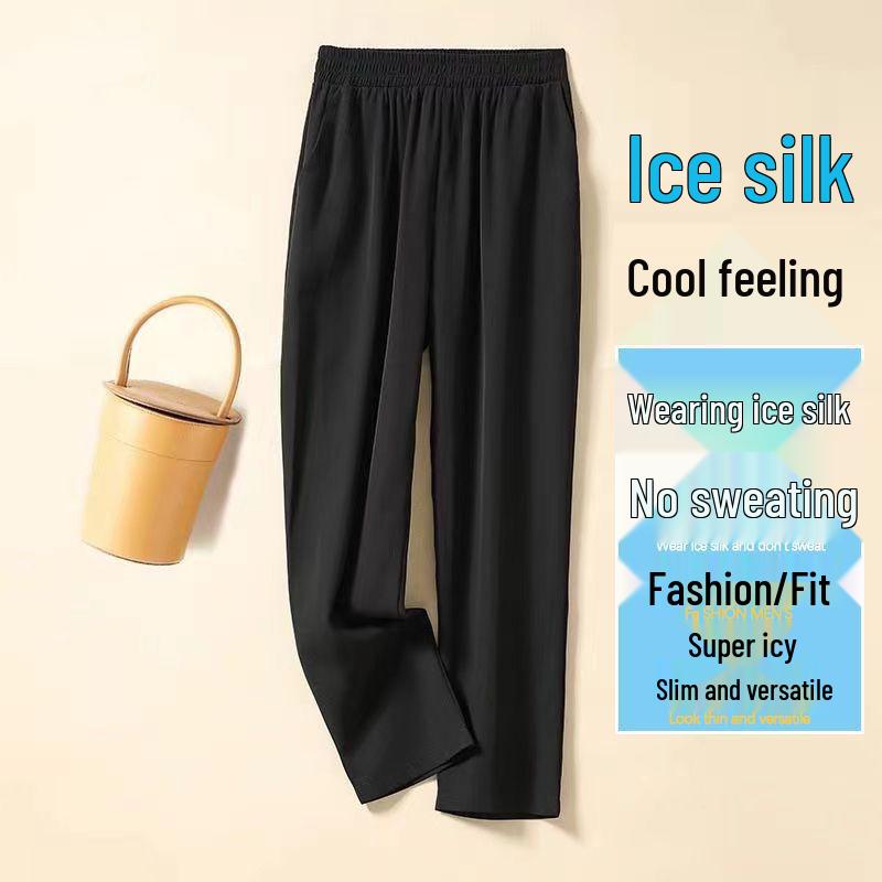 Women's High Waist Ice Silk Quick-Dry Pants: Lightweight, Loose-Fit, Nine-Point Straight Leg Trousers for Summer.