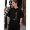 Men's Oversized Black Graphic Tee with Japanese Bamboo Red Sun Print, Soft Cotton Blend, Relaxed Fit Short Sleeve Crew Neck Shirt for Casual