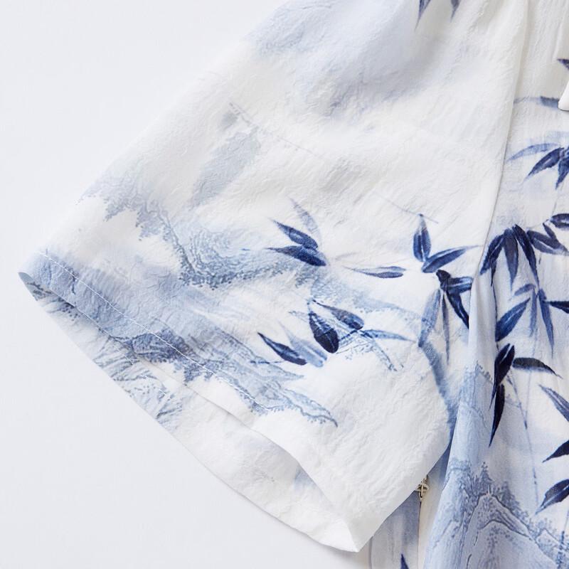 New Chinese Style Printed Tie-Waist Lapel Shirt Dress