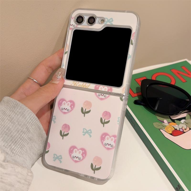 Floral bear rabbit design for Samsung Z Flip 3/4/5 and Oppo N3 Flip phone case with card pocket.