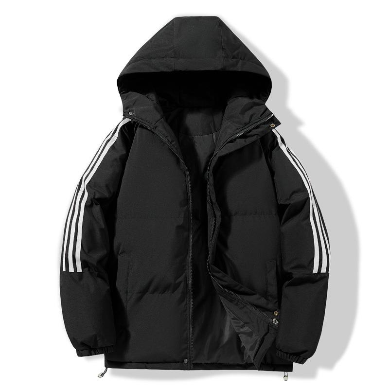 New couple three-bar padded jacket thickened hooded padded jacket sports casual jacket youth popular solid color padded jacket