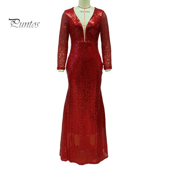 Women Evening Dress Sequin Deep V Neck Long Sleeves Slim Fit Fishtail Hem Sequin Floor Length Sheath Back Zipper Closure Maxi Dress