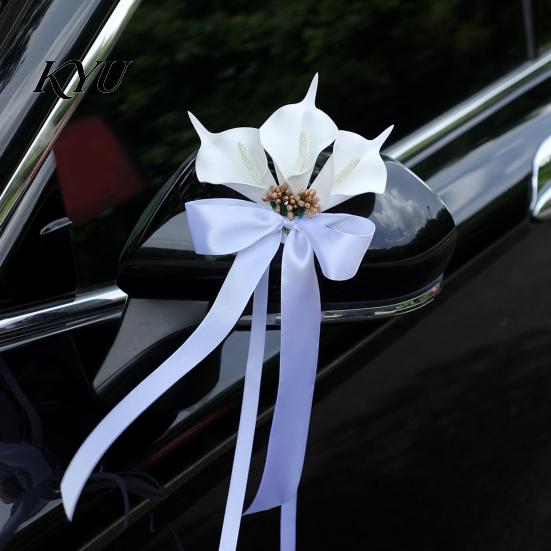 Rearview Mirror Ribbon Bows Calla Lily Wedding Car Door Handle Decorative Flower, White Artificial Flower Bouquet Elegant Gold Bead Satin Streamers