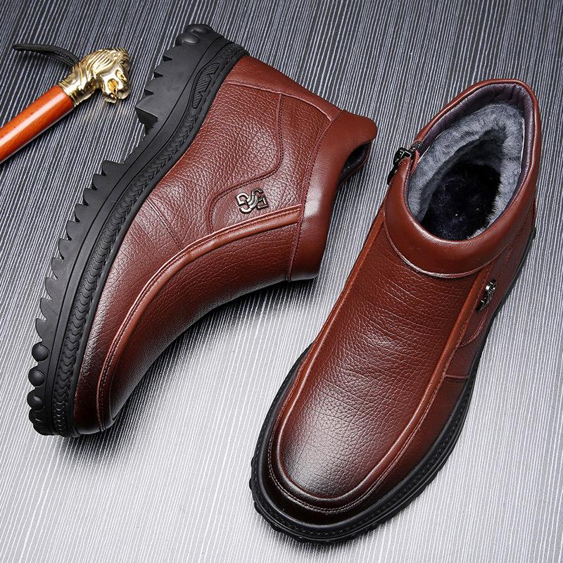 Móda Vysoce kvalitní kůže Podzim Zima Pánské boty Teplé plyšové sněhule Venkovní kožešinové motocyklové boty Kotníkové boty Pánská obuv Velikost 47