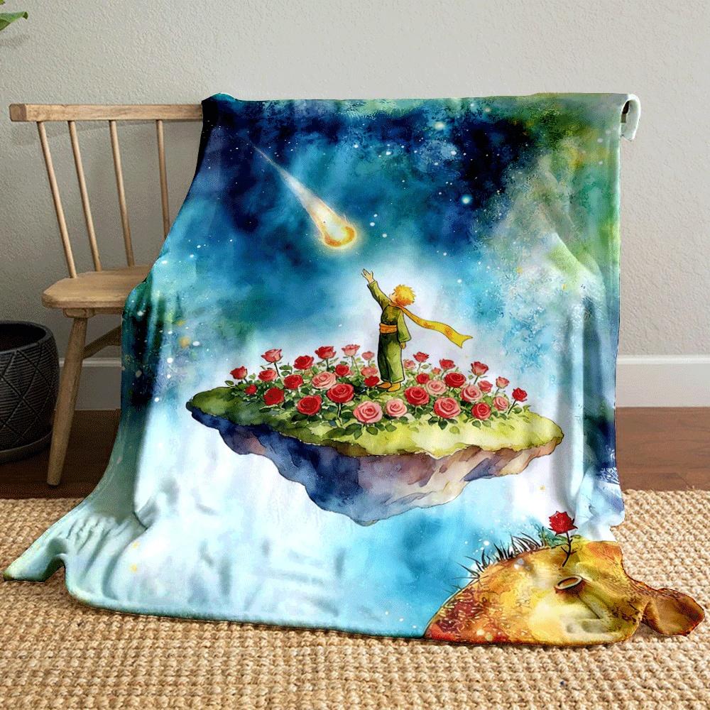 A small figure, roses, and shooting star on floating islands in cosmic glow. for all seasons blanket lunch break throw gift