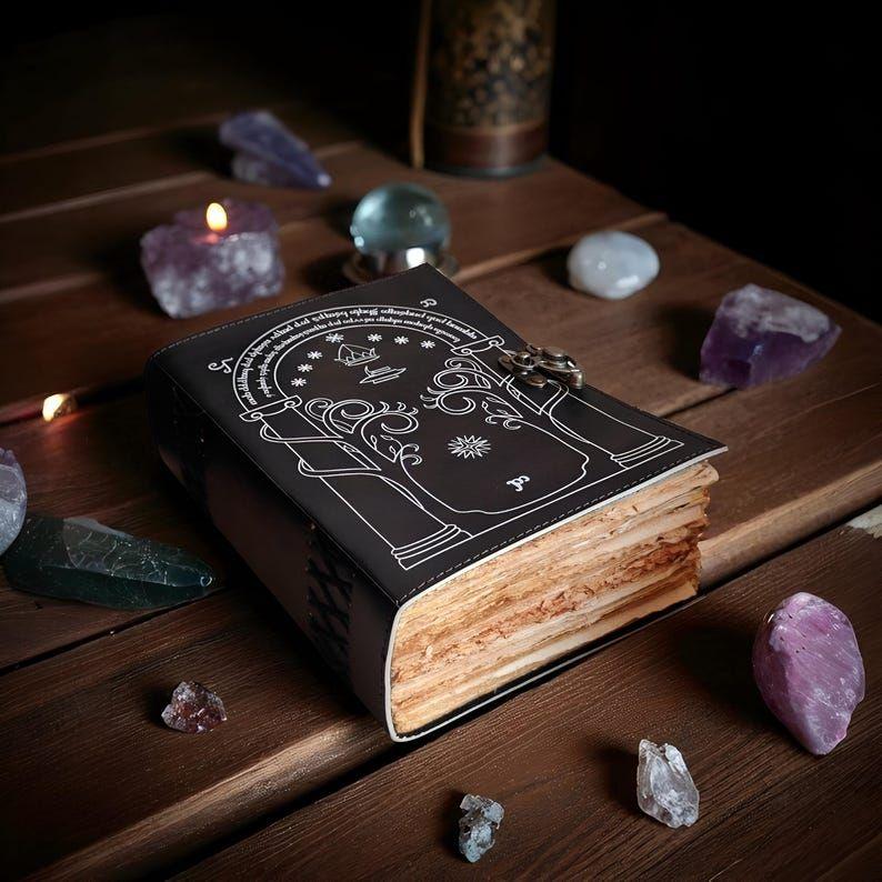 Doors of Durin from Tolkien Lord of the Rings - Handmade Leather Journal Book of Shadow Fantasy Journal Wedding Guest Book Gift for Him/her.