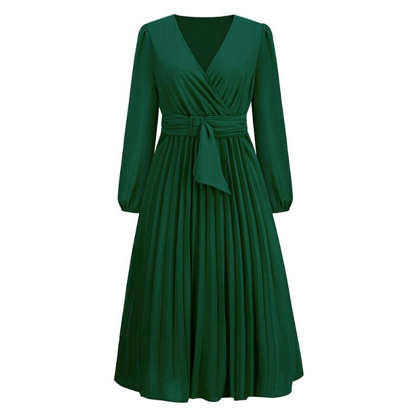 Autumn and Winter Women's Dress V-neck Long-sleeved Pleated A-line Dresses Mid-length Dresses