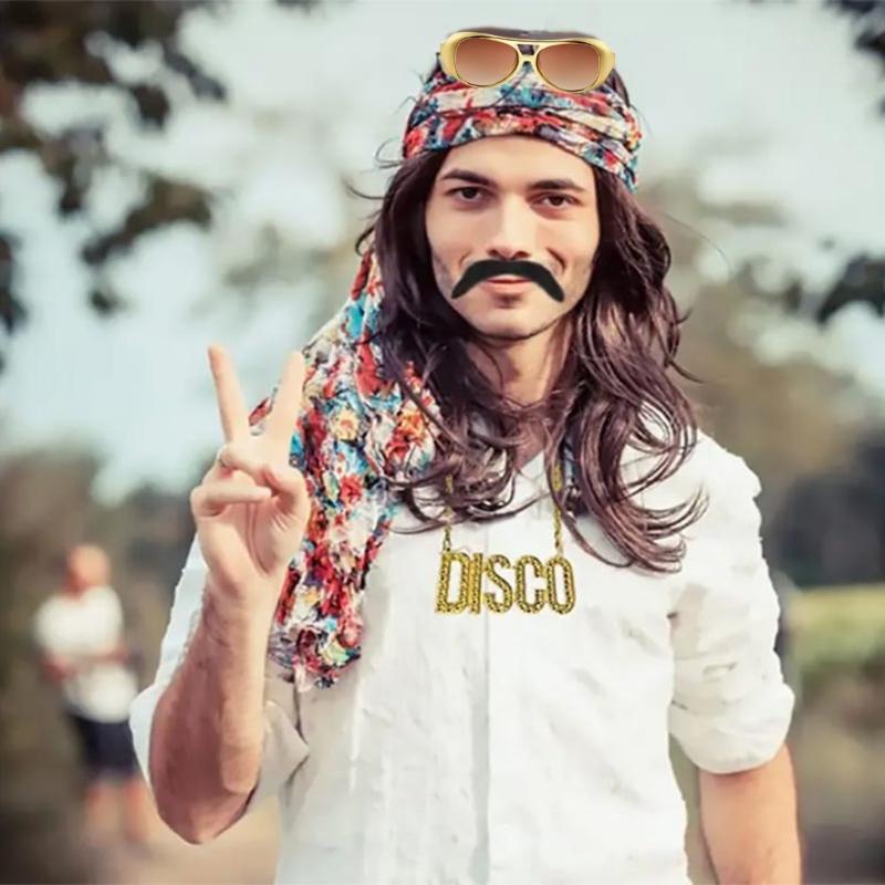 3 Pcs Men's 70s Disco Costume Accessories Set Disco Necklace Mustache Sunglasses Hippie Glasses for Disco Theme Party