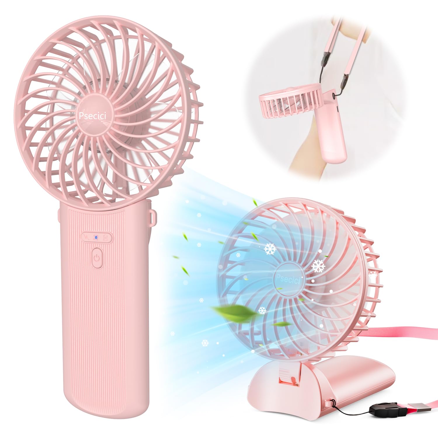 

Portable Handheld Rechargeable USB 4 Speed 7 Long Operation Neck Small Mini DC Includes Strap Fan, Fan, Compact, Quiet, Settings, Blades, Time, 3-in-1 рожевий
