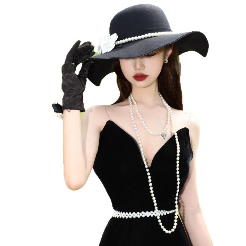 Autumn and Winter Hat Women's Bowler Hat Pearl Flower Big Brim Felt Jazz Hat