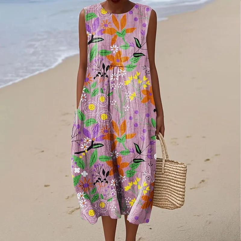 Sleeveless dress new pleated large version loose casual round neck D printing source