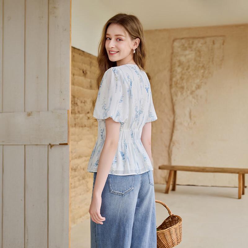 Women's French Style V-neck Printed Puff Sleeve Blouse