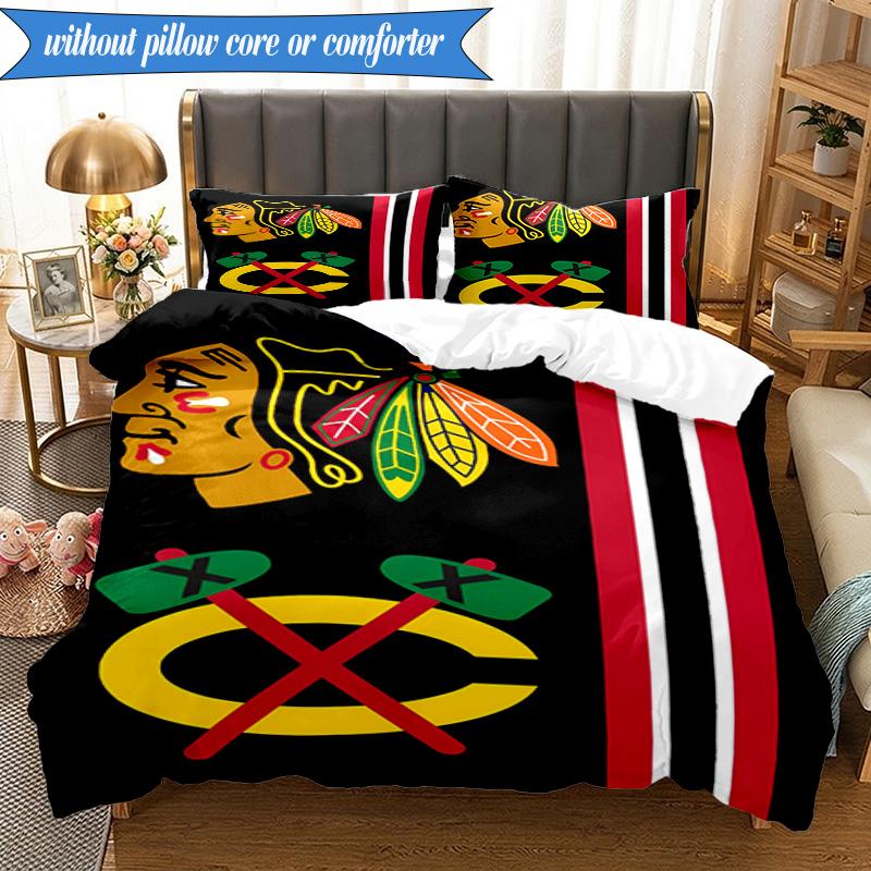 3PCS Chicago-Blackhawks Logo Bedding Set,Including 1pc Duvet Cover And 2pcs Pillowcases Perfect for Bedroom, Dormitory, Fan Christmas Gift