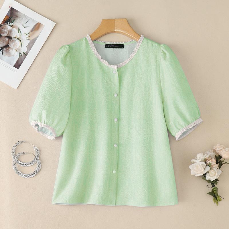 

ZANZEA Женская летняя блузка с кружевной вставкой, круглым вырезом, коротким рукавом, повседневная XL светло-зеленый
