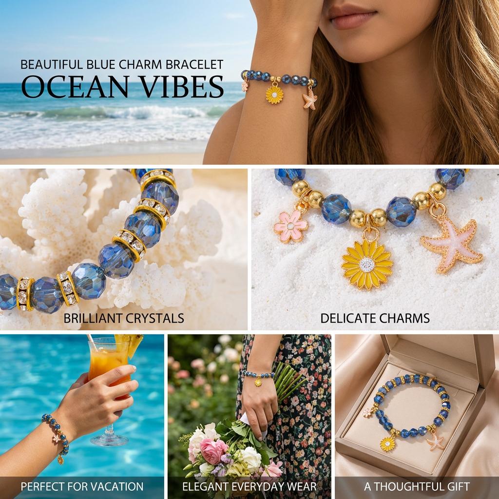 Bohemian Blue Crystal Beaded Bracelet for Women Gold Color Tone Starfish Sunflower Charms Elastic Hand Chain Summer Jewelry Gift