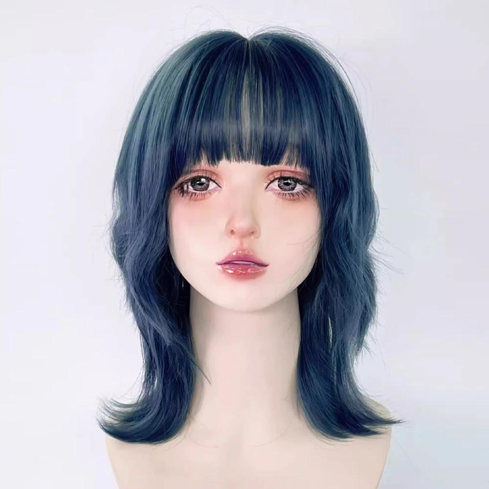 Blue Synthetic Mullet Head Wig with Bangs Short Straight Lolita Anime Cosplay Fluffy Hair Wig for Daily Party