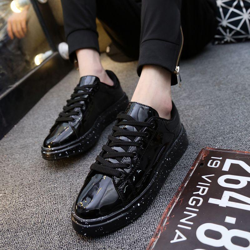 Trendy Patent Leather Glossy Men's Shoes Cold Adhesive Year Round Mirror Punk Style White Sneakers Casual Shoes
