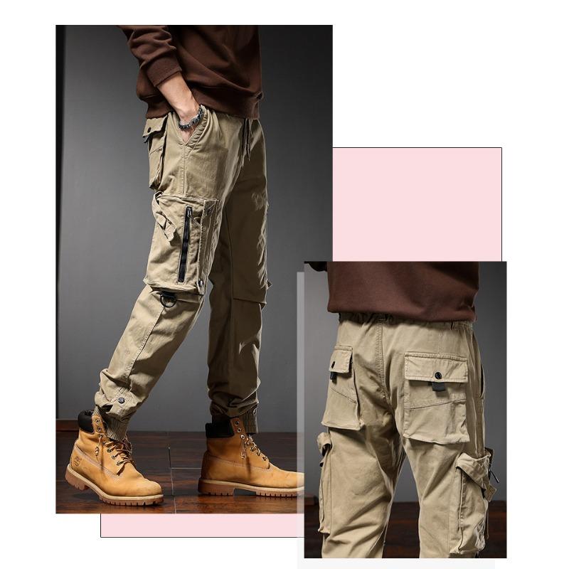 Men multi flap pocket cargo jogger pants drawstring ankle solid army green outdoor street casual trousers