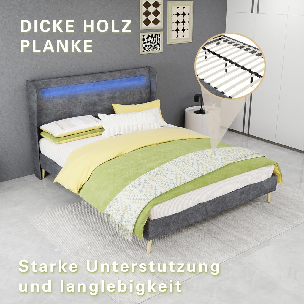 Minimalist Upholstered Bed with LED-Integrated Headboard, 140x200 cm, Grey, Low-Profile Non-Storage Base (Without Gas Lift), Mattress Not Included.