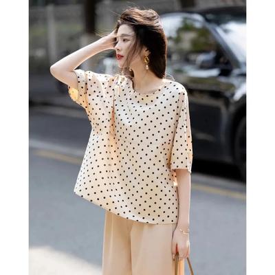 Women Beige Black Polka Dot Puff Sleeve Loose Blouse
