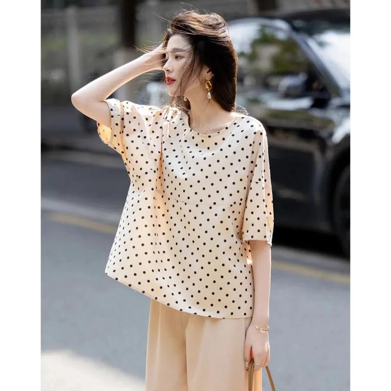 Women Beige Black Polka Dot Puff Sleeve Loose Blouse
