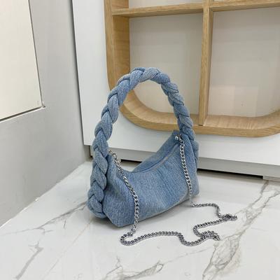 Bolso de mezclilla a la moda para mujer, bolso nube trenzado con giros de masa frita, bolso mensajero con cadena, bolso de hombro tejido a mano para axila