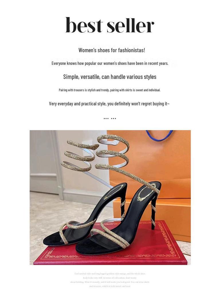 RC Rhinestone Snake Wrap Around Stiletto Heels - Sexy Open Toe Ankle Strap Sandals for Women in European & American Style