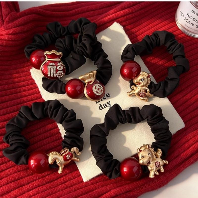 2Pcs Cute New Year Hair Rope 2026 Horse Year Rubberband Zodiac Golden Pony Knitted Hair Tie Horse Year Hair Ring Girls Gift
