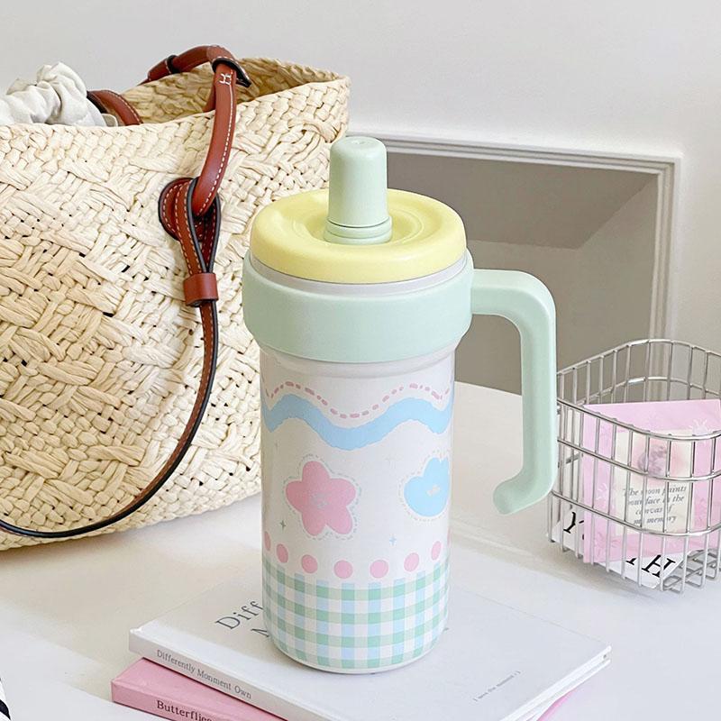 1000ML Thermos Water Cup For Girls Ice Coffee Cup With Handle Straw Tumbler Large Capacity 316 Stainless Steel Insulated Cup