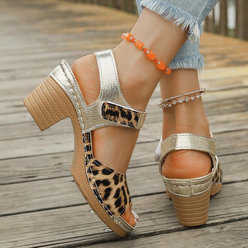 Fashion Women's Leopard Print Chunky Heel Sandals Summer Fashion Platform Roman Sandals Woman Lightweight High Heel Sandalias Mujer 2025