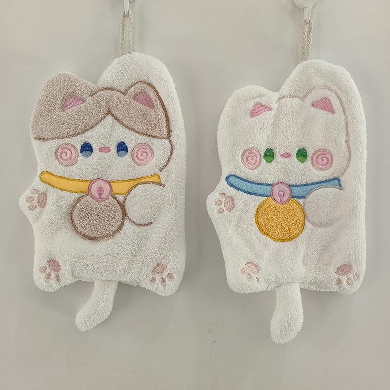 Cartoon Lucky Cat Coral Fleece Hand Towel for Kids - Thick & Hanging Type for Kitchen/Bathroom