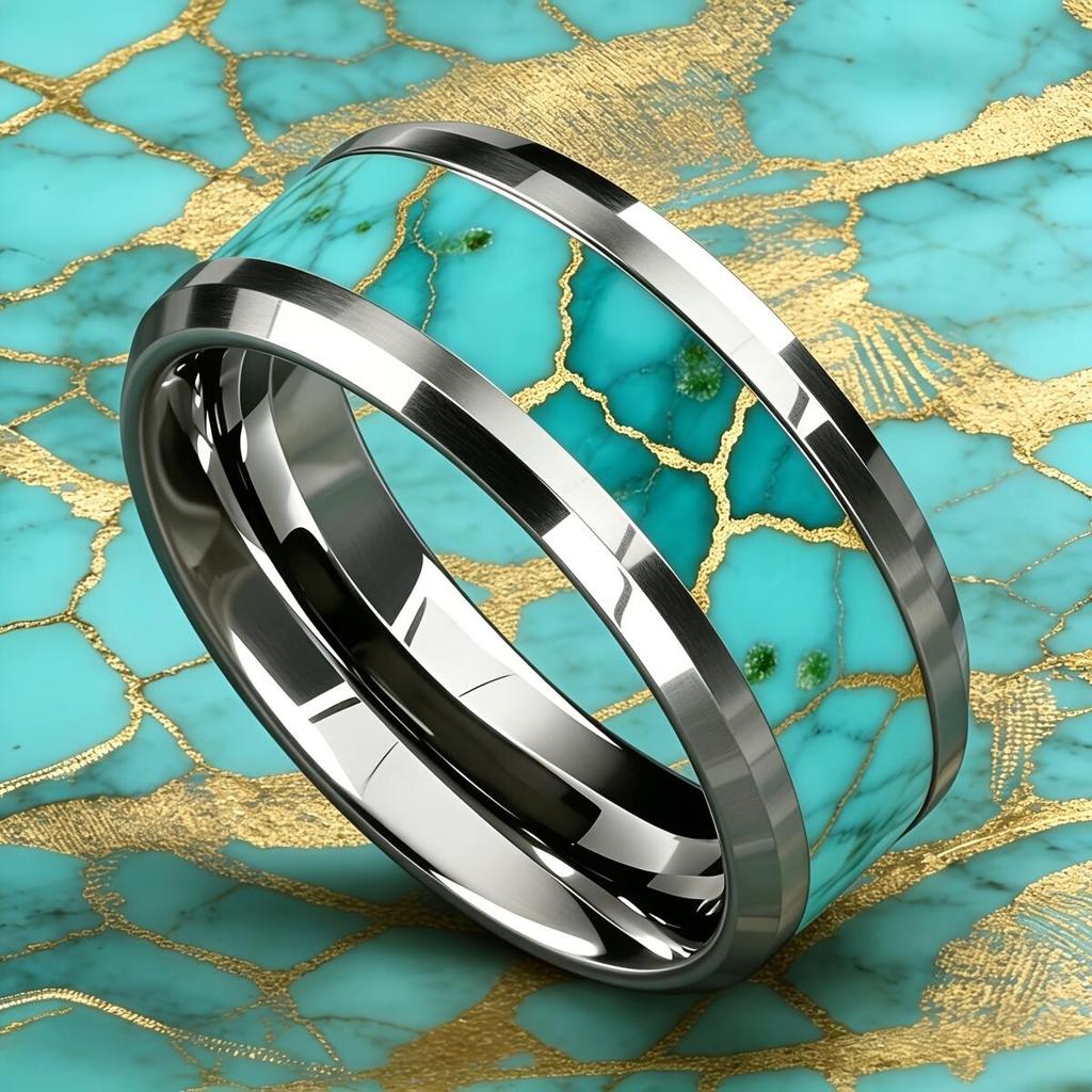 With Turquoise and Golden Marble Pattern Inlay Rings Luxury 8mm Stainless Steel Ring For Men Women For Wedding Band Jewelry Gift