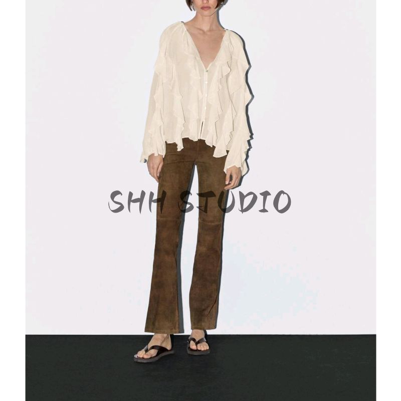 MD Spring New Arrival Women's Clothing French Romantic Vacation Style Elegant Ruffles V-neck Long Sleeve Shirt Top 5152752