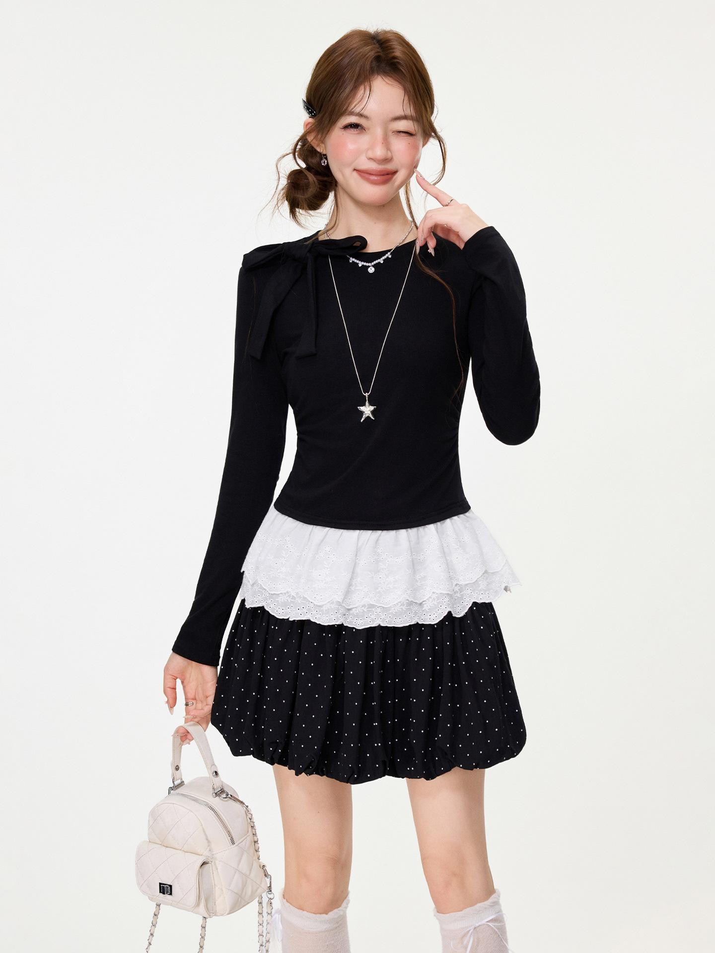 

Ballet style black lace hem bow long-sleeved T-shirt spring and autumn new bottoming shirt with top women S чёрный