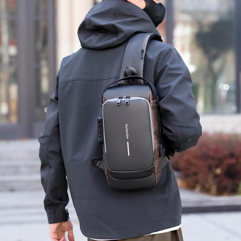 Men's Anti-Theft Chest Bag with Password Lock & USB Port Waterproof Crossbody Sling Backpack for Travel Work Cycling