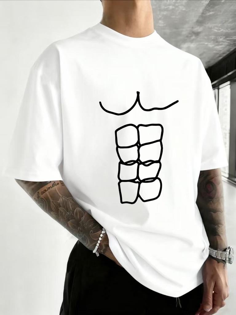 Men'S Casual Abdominal Muscle Sketch T-Shirt, Short-Sleeved, Summer Top, Round Neck, Unisex Fashion T-Shirt for Adults
