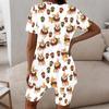 Women Plus Size Round Neck Short Sleeve Printed Longline Top Fitted Shorts Two Piece Pajama Set