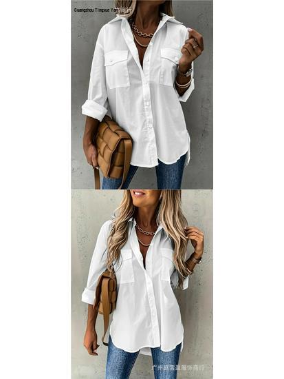 European American Women's Versatile Pocketed Long-Sleeve Lapel Shirt