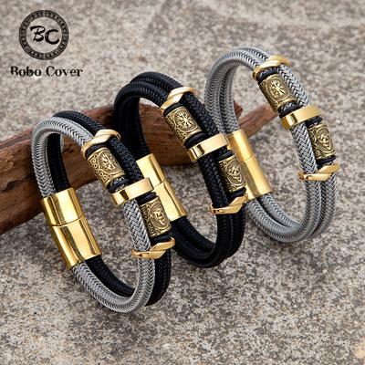 Vikings Runes Double Layer Steel Wire Rope Bracelet Norse Gold Stainless Steel Wristband Luxury Jewelry for Men