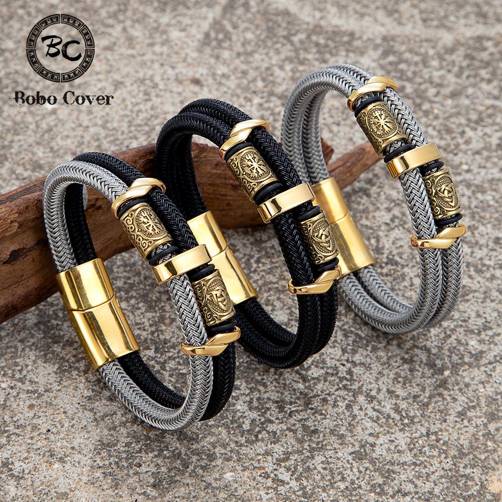 Vikings Runes Double Layer Steel Wire Rope Bracelet Norse Gold Stainless Steel Wristband Luxury Jewelry for Men