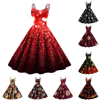 Women's Fashion Christmas Printed Sexy Strapless Gothic Cocktail Dress Punk, Vintage Dress.