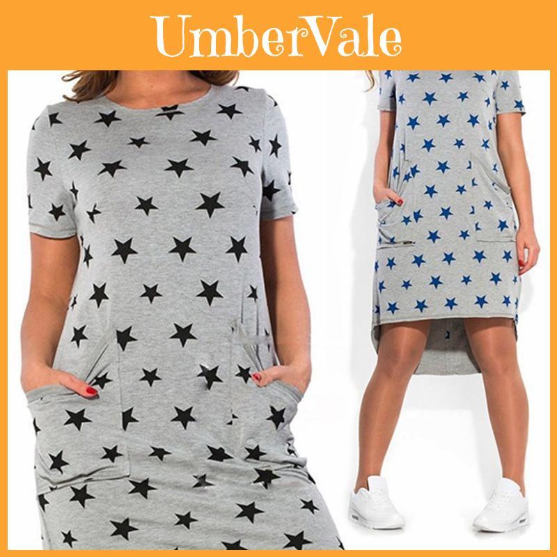 Summer Women Stars Printed Clothing Loose Fit Knee-length Casual Dress In Cotton Blend