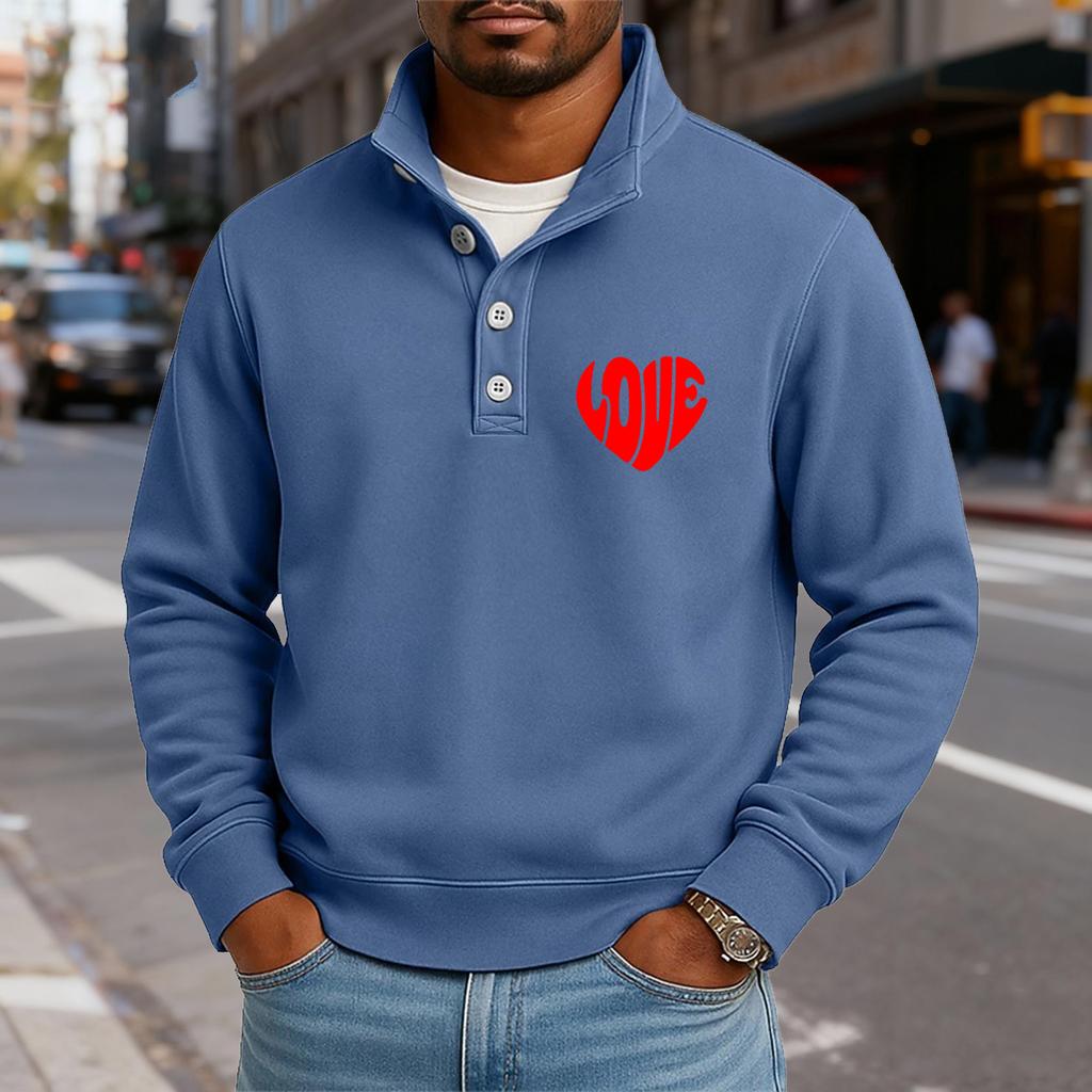 Men's Casual Stand-Up Collar Long-Sleeve Top Print Button-Down Sweatshirt