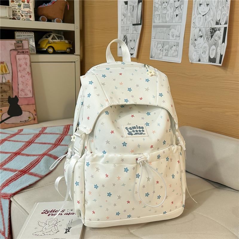 Cute Star Print Nylon Backpack for Women – Fashionable School & Daily Use Bag with Front Drawstring Pocket and Plush Charm